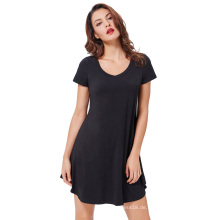 Kate Kasin Kate Kasin Frauen Casual Loose Kurzarm V-Ausschnitt Unregelmäßiger Saum Schwarzes Baumwoll-Sommerkleid KK000626-1